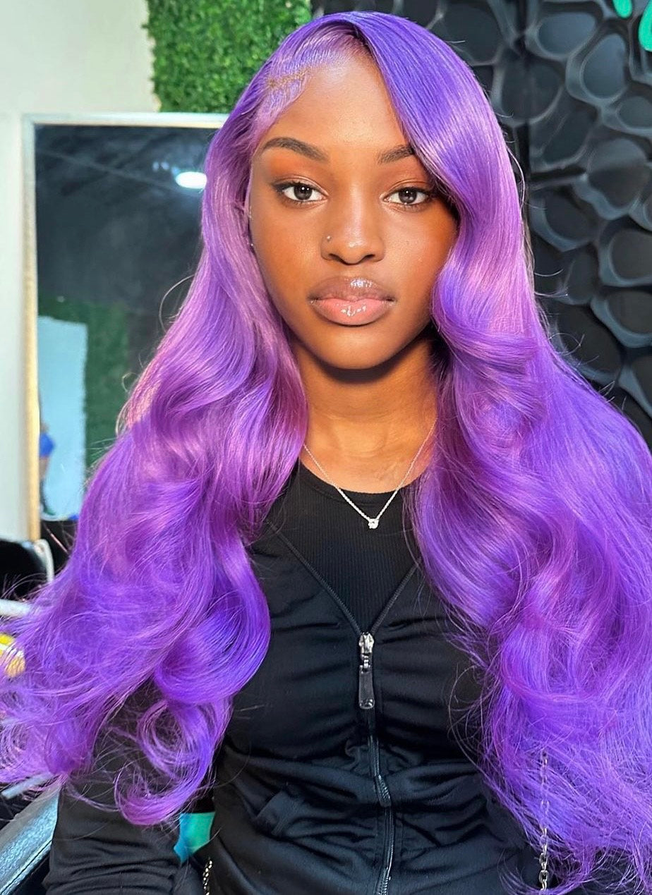 13X4 HD 180% Purple 10A Colored Lace Front PrePlucked Human Hair Wig Straight 8-24