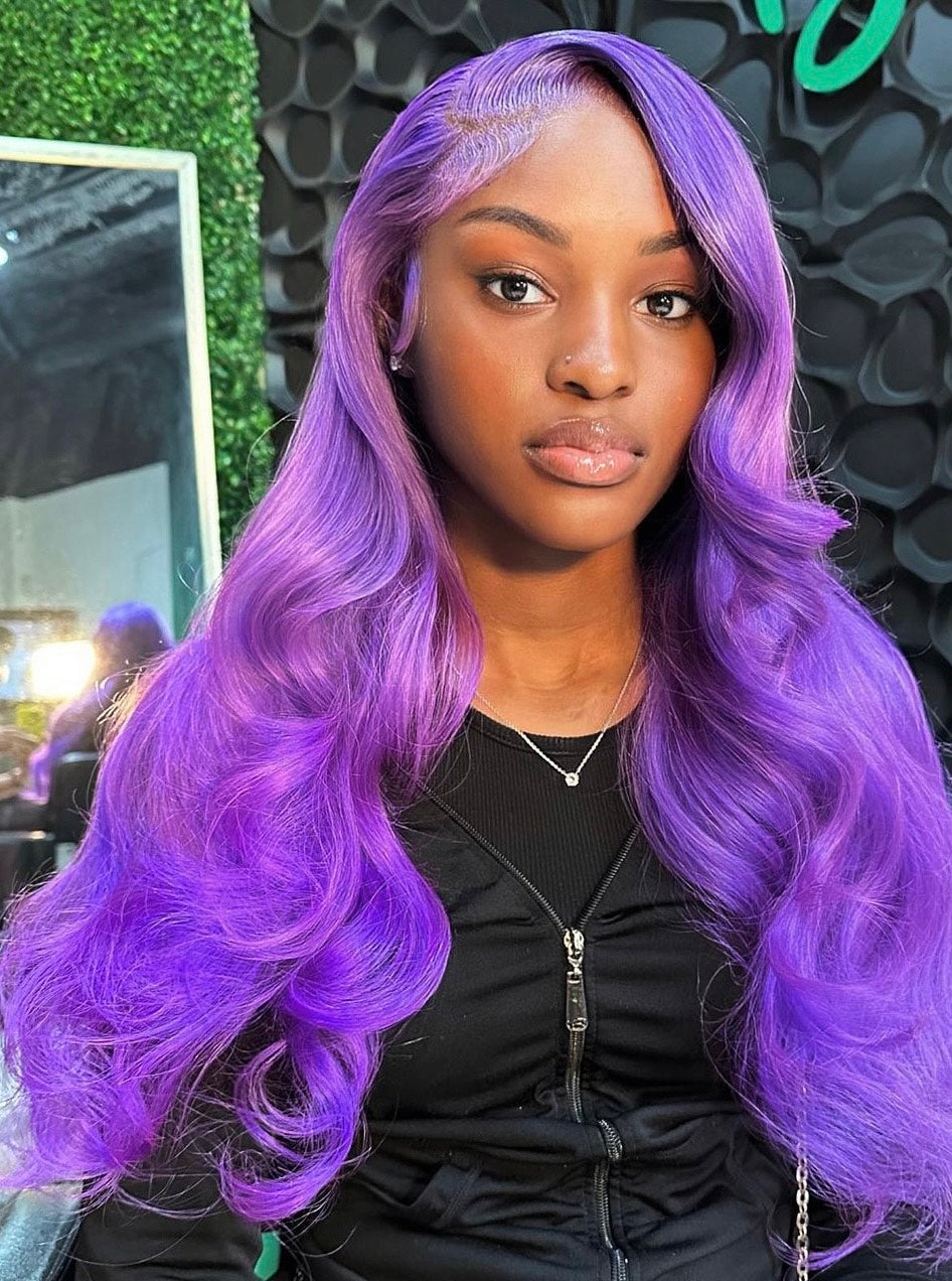 13X4 HD 180% Purple 10A Colored Lace Front PrePlucked Human Hair Wig Straight 8-24