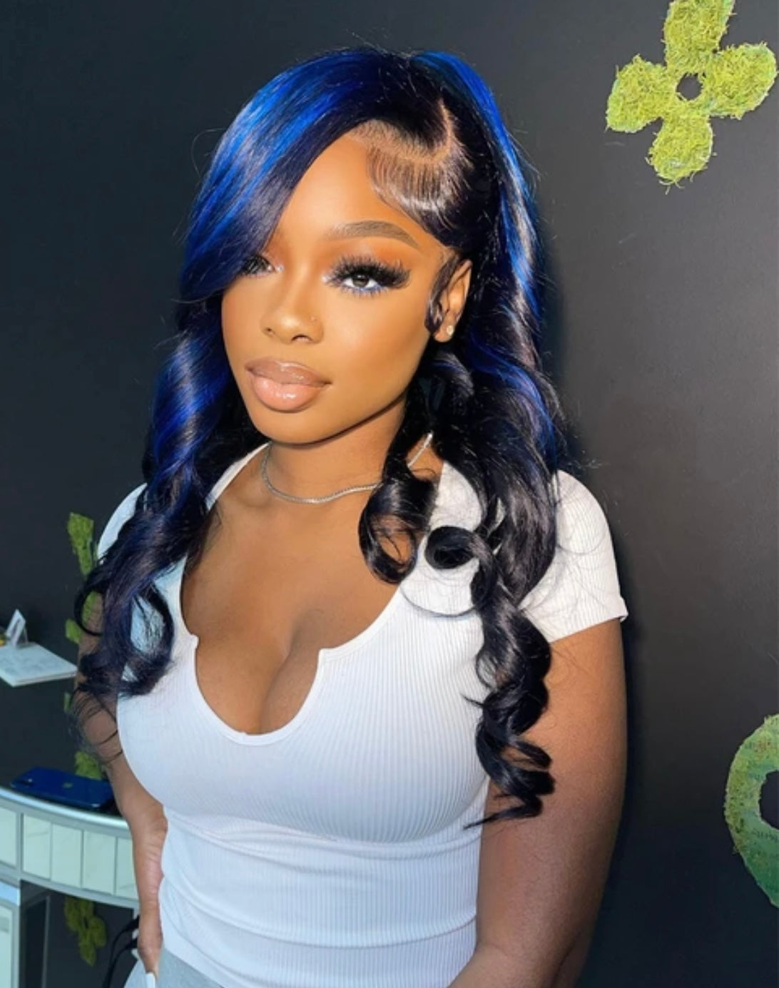 13x4/13x6 HD SKunk stripe Bodywave Black & Blue Highlights 180% Lace front  wig 14-26