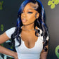 13x4/13x6 HD SKunk stripe Bodywave Black & Blue Highlights 180% Lace front  wig 14-26