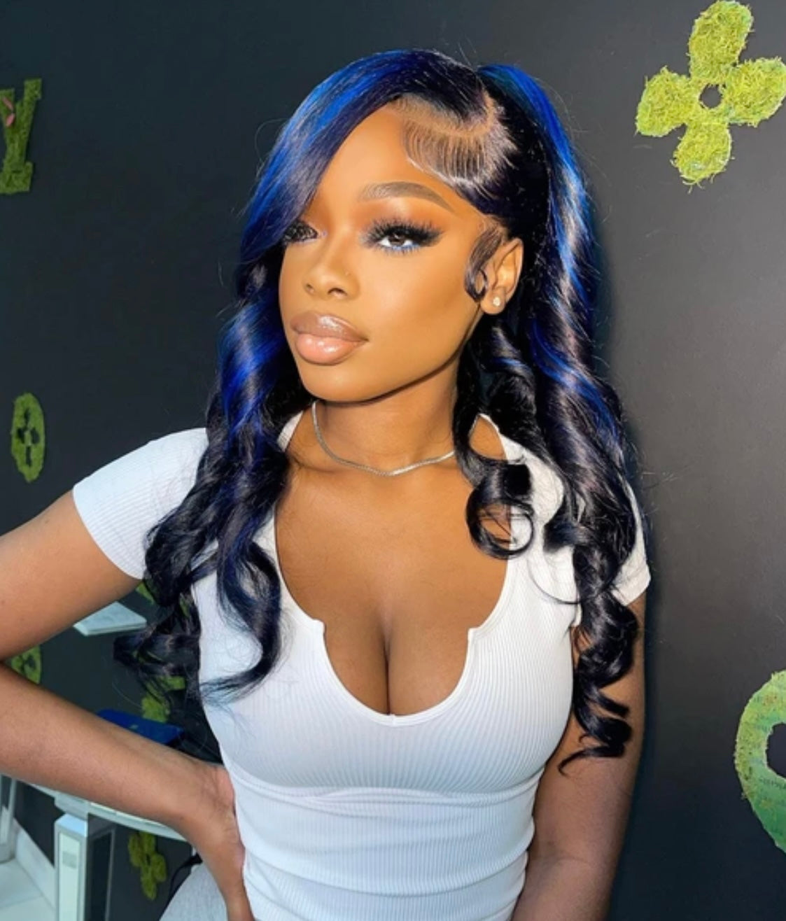 13x4/13x6 HD SKunk stripe Bodywave Black & Blue Highlights 180% Lace front  wig 14-26