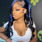 13x4/13x6 HD SKunk stripe Bodywave Black & Blue Highlights 180% Lace front  wig 14-26