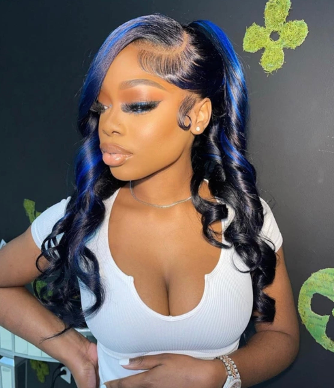 13x4/13x6 HD SKunk stripe Bodywave Black & Blue Highlights 180% Lace front  wig 14-26