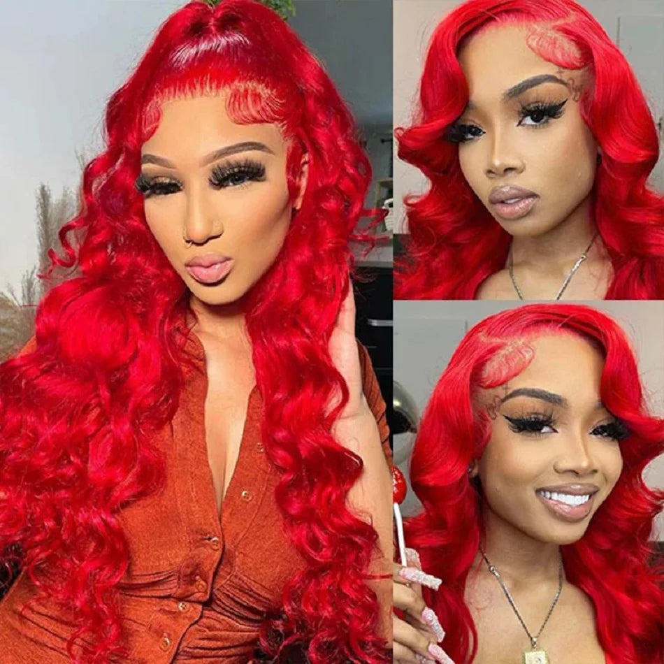 Collage of a woman with vibrant red hair styled in different ways.