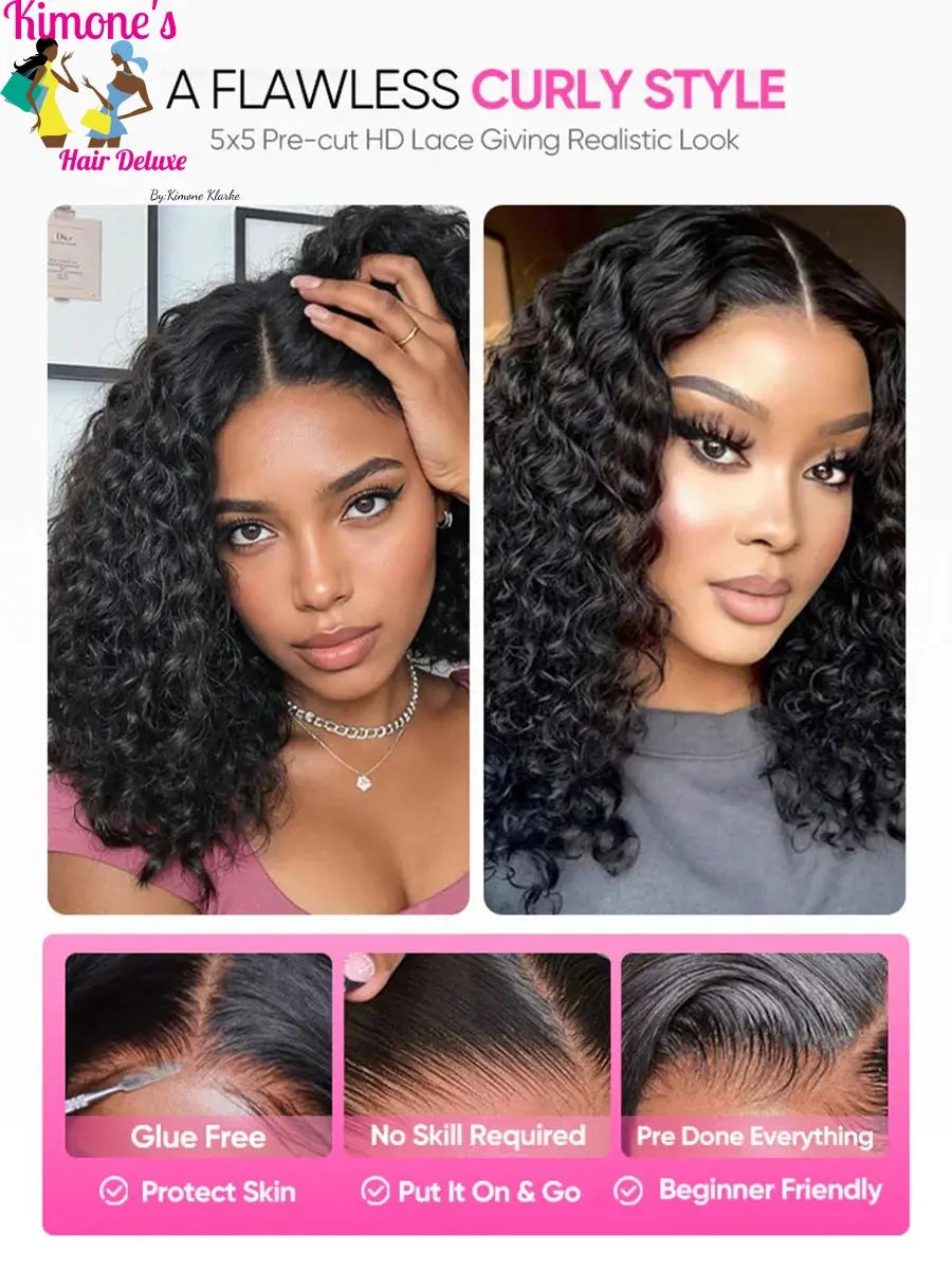 Deep Wave Glueless Bob Wigs Ready to Wear Human Hair Wear and Go Curly Lace Front Wigs Pre-Plucked Pre-Cut Lace Closure Wigs Kimone's Hair Deluxe