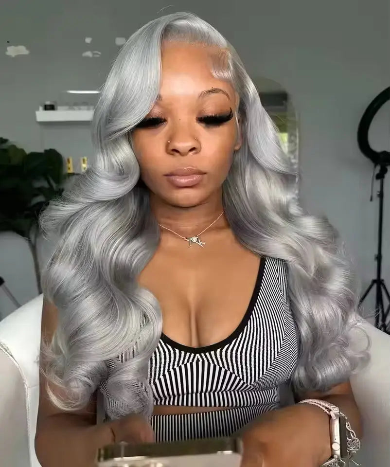 Silver Gray Body Wave & Straight Wig | 13x6 HD Transparent Lace | 200%-220% Density | Brazilian Remy Kimone's Hair Deluxe