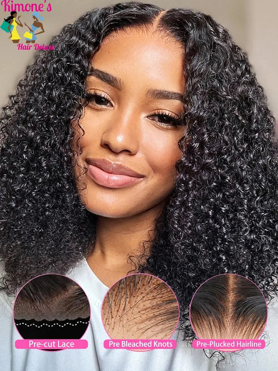 Deep Wave Glueless Bob Wigs Ready to Wear Human Hair Wear and Go Curly Lace Front Wigs Pre-Plucked Pre-Cut Lace Closure Wigs Kimone's Hair Deluxe