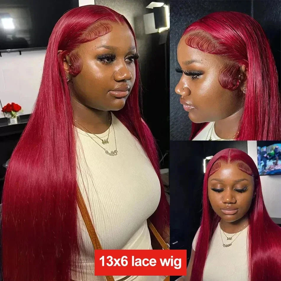 Woman with red hair styled in a wig, shown from different angles.