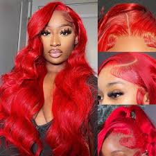Woman with vibrant red hair styled in loose waves, surrounded by close-up shots of the hair.