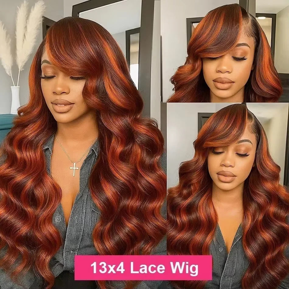 Ginger Brown Highlight Wig Human Hair Body Wave Pre Plucked 13x4 Lace Front Wigs Ombre Ginger Orange Colored Glueless Wigs Woman Dropshipman
