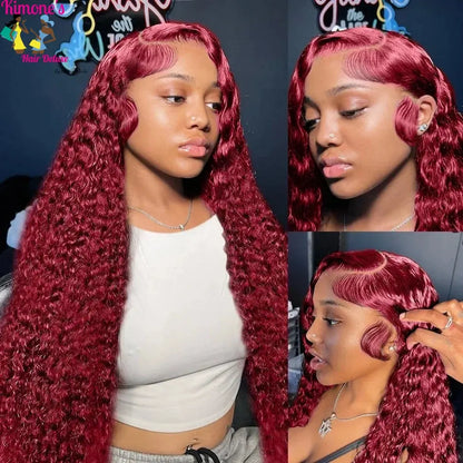 HD Transparent Lace 200 Density 13x4 13x6 Full Frontal Lace 99j Burgundy Preplucked Colored Deep Wave Frontal Human Hair Wig Dropshipman