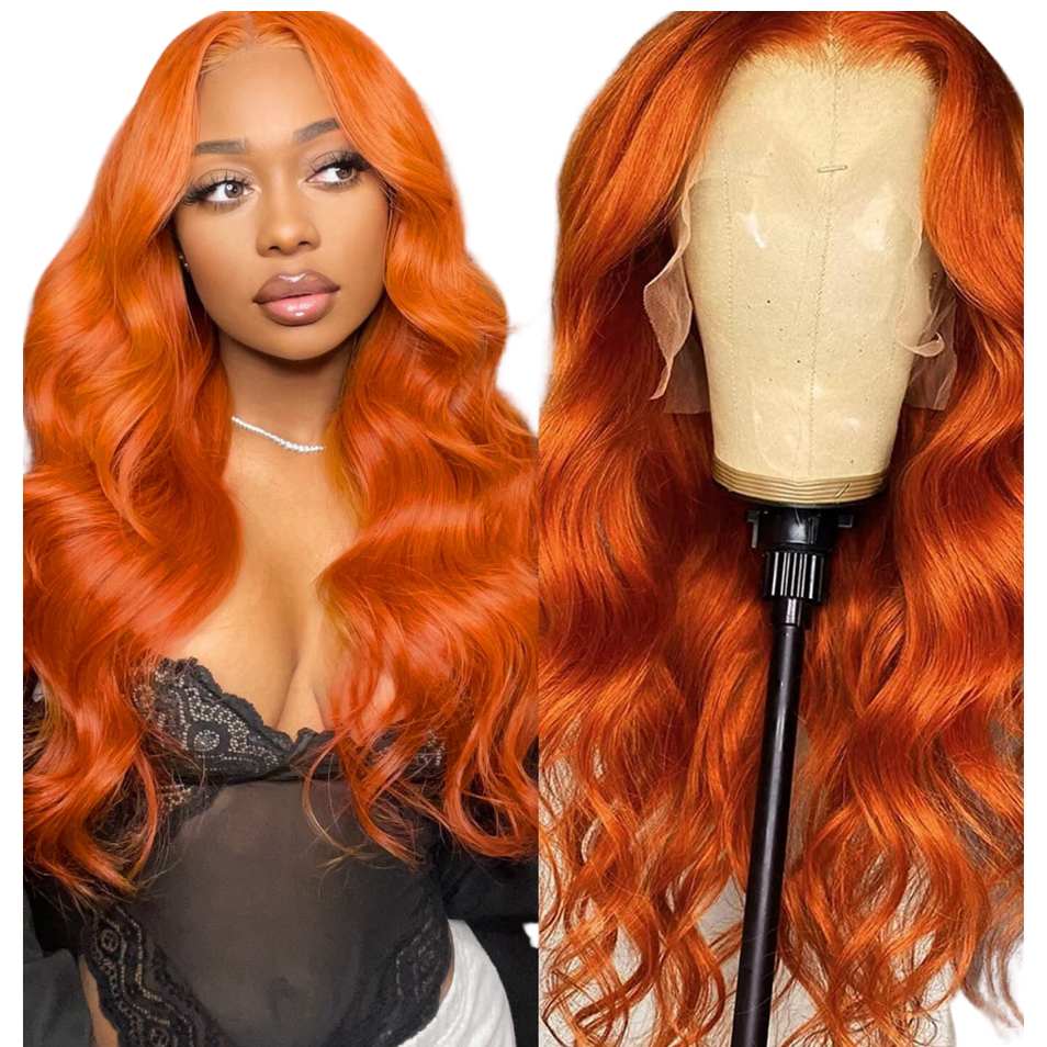 13x4 12A Ginger Bright Orange HD Transparent 180% Lace Front  Body Wave 100%Peruvian Virgin Hair