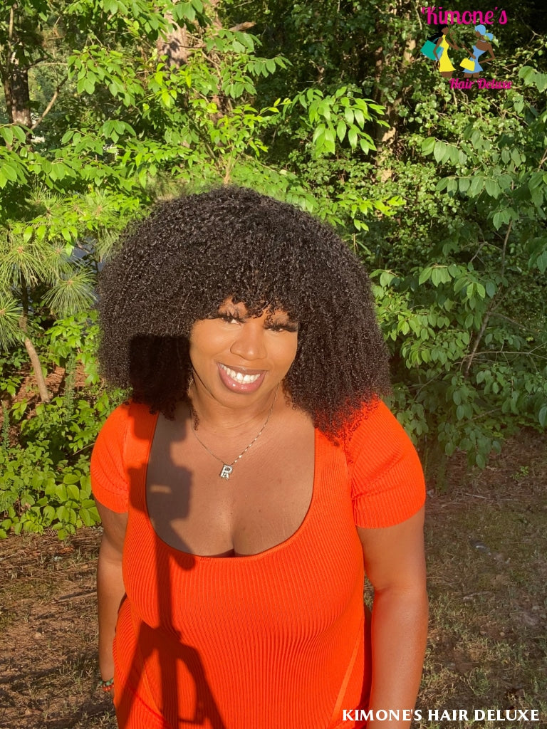 Afro Kinky Curly Wig With Bangs Full Machine Made Scalp Top 200% Density Virgin Brazilian Short