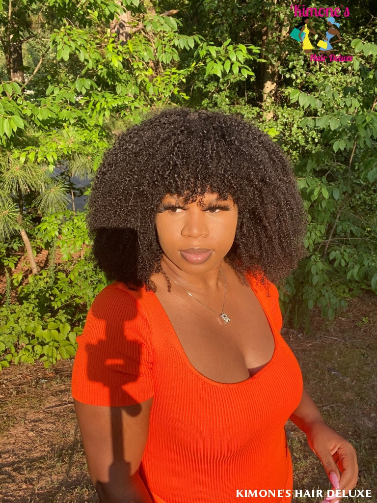 Afro Kinky Curly Wig With Bangs Full Machine Made Scalp Top 200% Density Virgin Brazilian Short