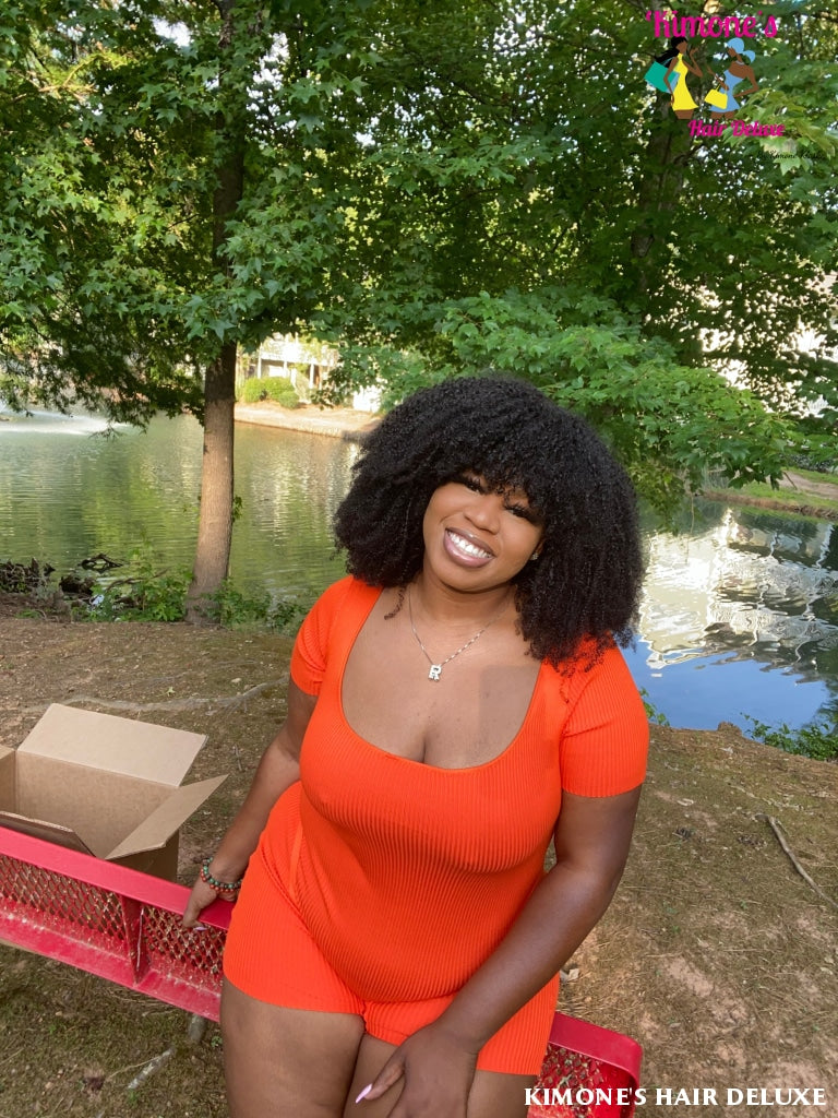 Afro Kinky Curly Wig With Bangs Full Machine Made Scalp Top 200% Density Virgin Brazilian Short
