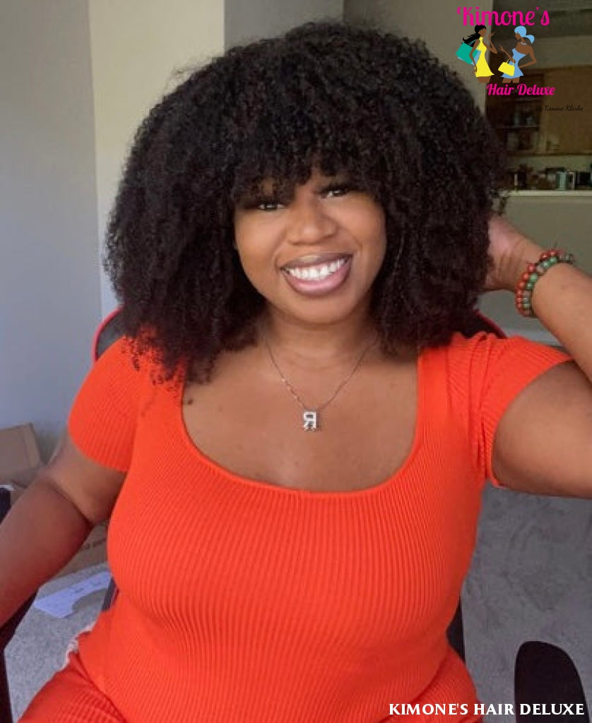 Afro Kinky Curly Wig With Bangs Full Machine Made Scalp Top 200% Density Virgin Brazilian Short