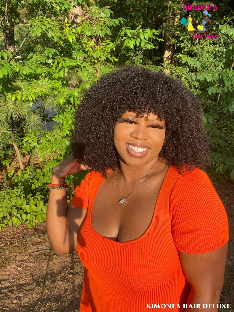 Afro Kinky Curly Wig With Bangs Full Machine Made Scalp Top 200% Density Virgin Brazilian Short
