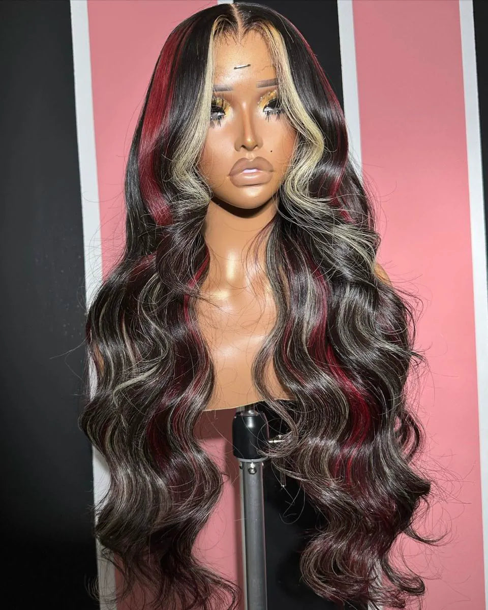 Black Red Blonde Highlight Body Wave Wig | 13x6 HD Lace Front | 180% Density | Pre-Plucked | Kimone's Hair Deluxe Kimone's Hair Deluxe