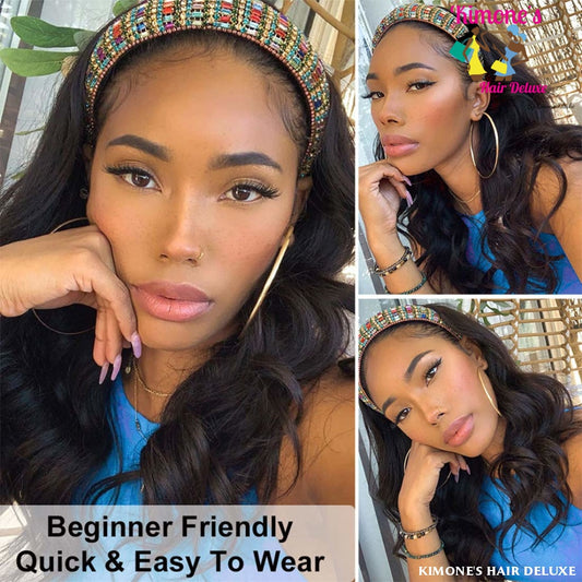 Body Wave Headband Wig Machine Made Wigs Natural Color Brazilian Glueless Long Wavy Half With