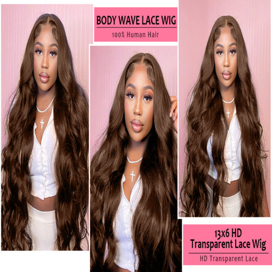 Multi-angle view of 13x6 HD Transparent Lace Front Wig in Chestnut Brown Body Wave 100% Human Hair