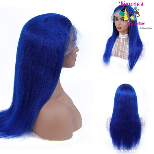 Colored Blue 150% 13*4 T Lace Human Hair Wigs Pre Plucked Hairline Brazilian Wig With Baby Remy