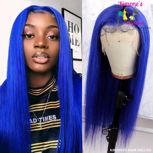 Colored Blue 150% 13*4 T Lace Human Hair Wigs Pre Plucked Hairline Brazilian Wig With Baby Remy