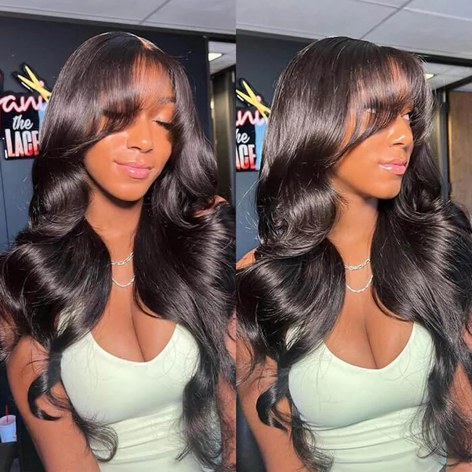 Side-by-side comparison of a woman with long, straight hair in a salon setting.