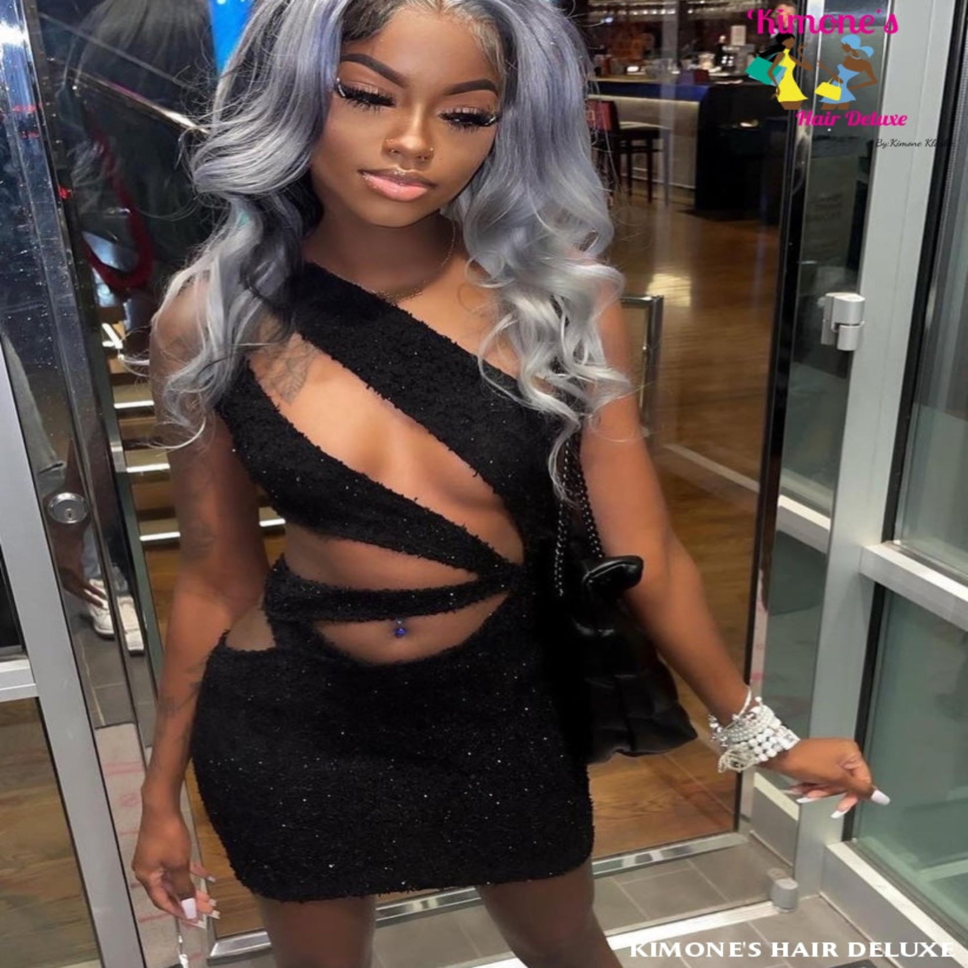 Custom silver dyed 613 Body Wave Wig styled on a model, showcasing the dyeability of a 613 Platinum Blonde 12A Grade Human Hair unit