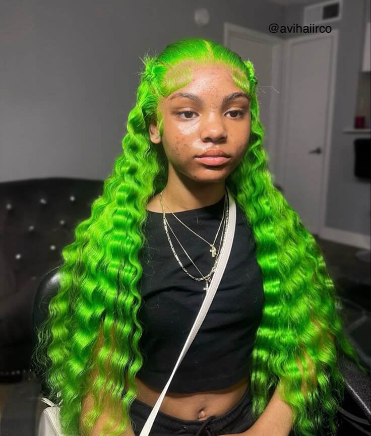 Bold Color | Neon Green Deep Wave Wig | 13x6 HD Lace Front | 180% Density | 100% Human Hair | 20"-34"