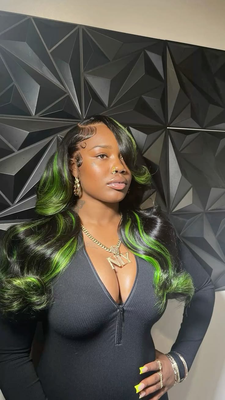 Black Green Skunk Stripe Body Wave Wig | 13x4 HD Lace Front | 180% Density | Pre-Plucked | Kimone's Hair Deluxe Kimone's Hair Deluxe