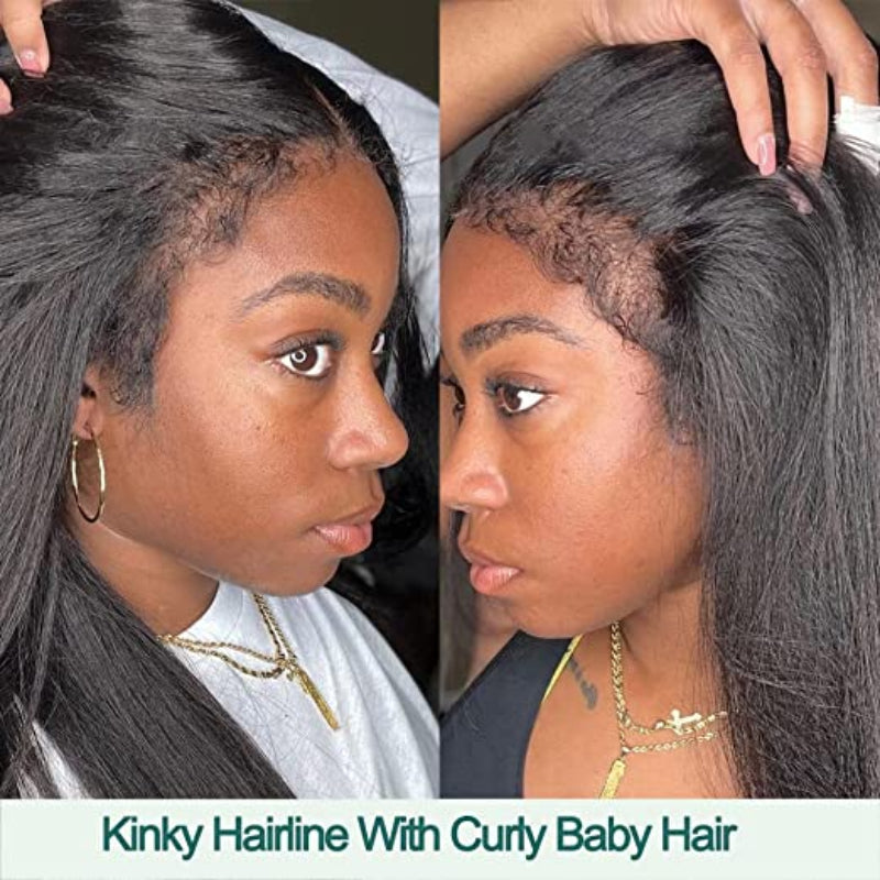 3x4 HD lace kinky straight human hair glueless wig with pre-styled curly baby hair edges and 180% density.