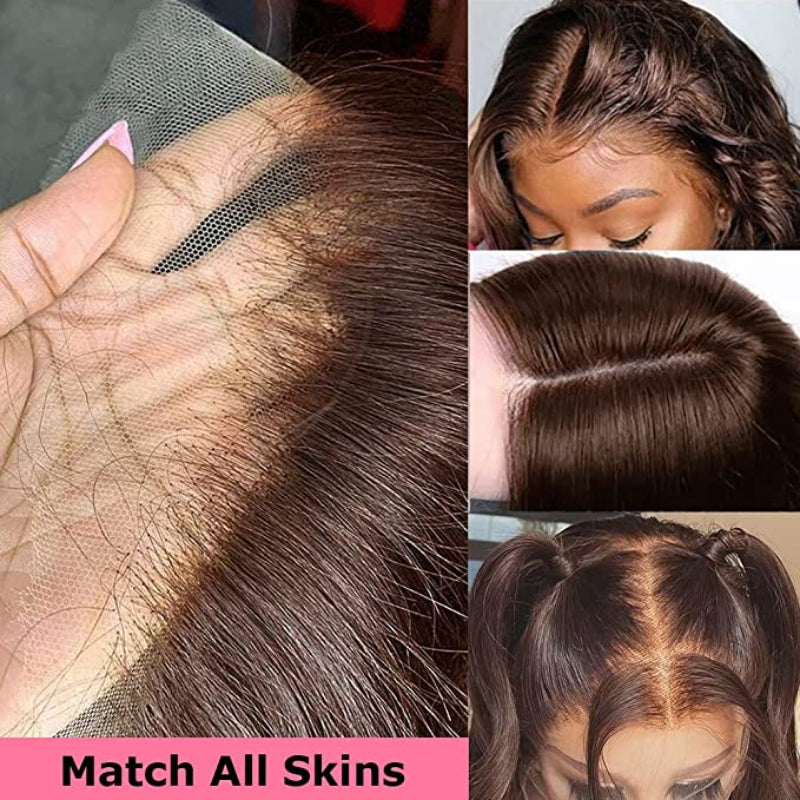 Close-up of HD Transparent Lace and natural hairline on Chestnut Brown Body Wave Wig showing Match All Skins invisible melt