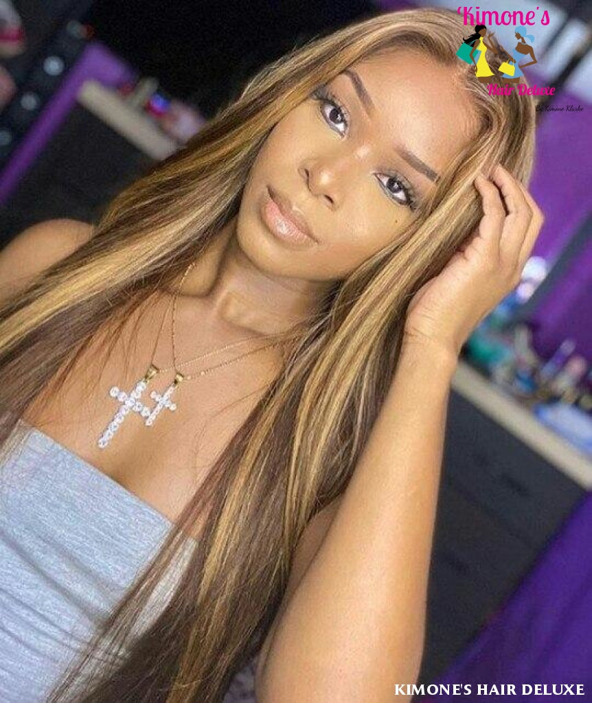 13X4 Deep Part Lace Front Human Hair Wig Straight Highlight Color Pre Plucked Line Bleached Knots