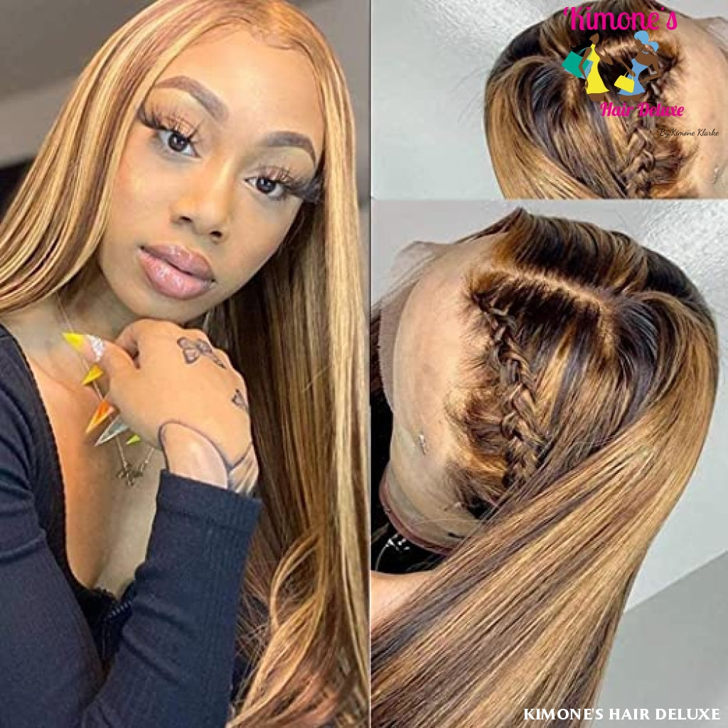 Highlight 4-27 Straight Human Hair 13X4 Transparent Lace Front 180%pre Plucked Brazilian Remy Wig
