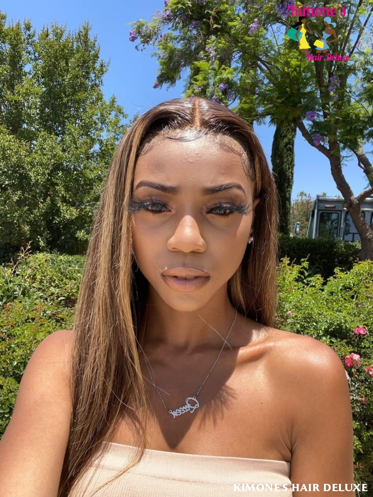 Highlight 4-27 Straight Human Hair 13X4 Transparent Lace Front 180%pre Plucked Brazilian Remy Wig