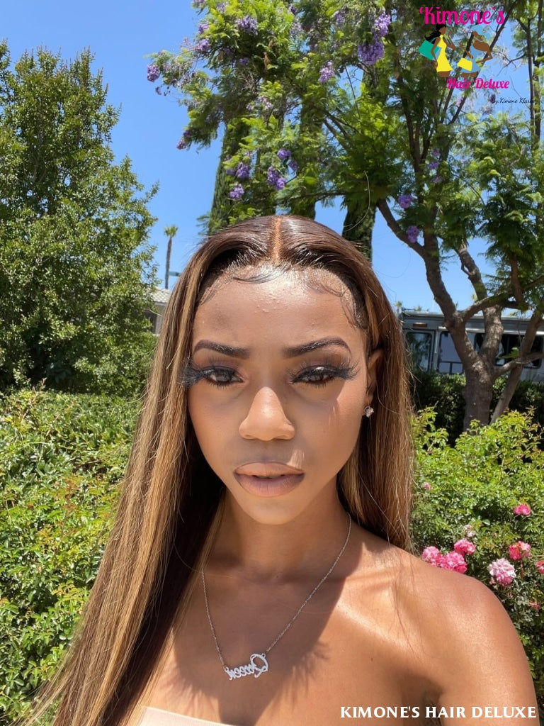 Highlight 4-27 Straight Human Hair 13X4 Transparent Lace Front 180%pre Plucked Brazilian Remy Wig