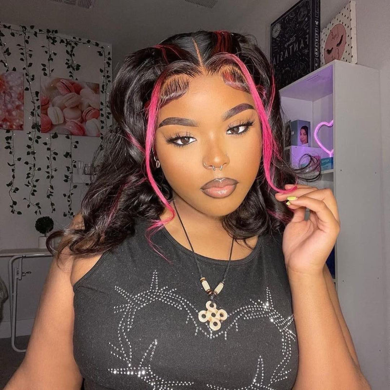 Hot Pink Skunk Stripe Wig featuring 13x4 HD Transparent Lace Frontal, 100% Straight Human Hair, Pre-Plucked Hairline with Baby Hair