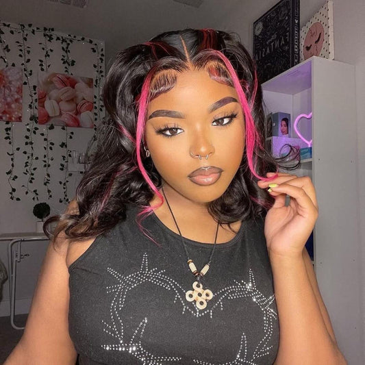 Hot Pink Skunk Stripe Wig featuring 13x4 HD Transparent Lace Frontal, 100% Straight Human Hair, Pre-Plucked Hairline with Baby Hair