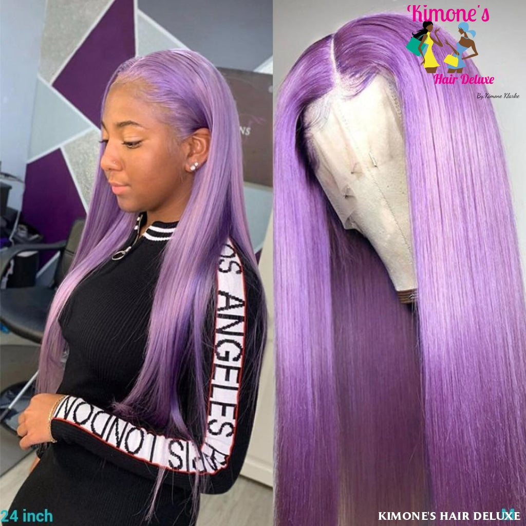 Purple Colored Lace Front Human Hair Wig Straight Brazilian Remy Transparent Wigs 13X6 150% 8Inches