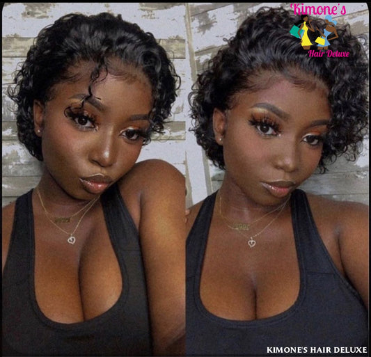 Pixie Cut Wig Human Hair Pre Plucked Bleached Knots Short Water Wave Bob 13X4 Lace Font 130% Remy