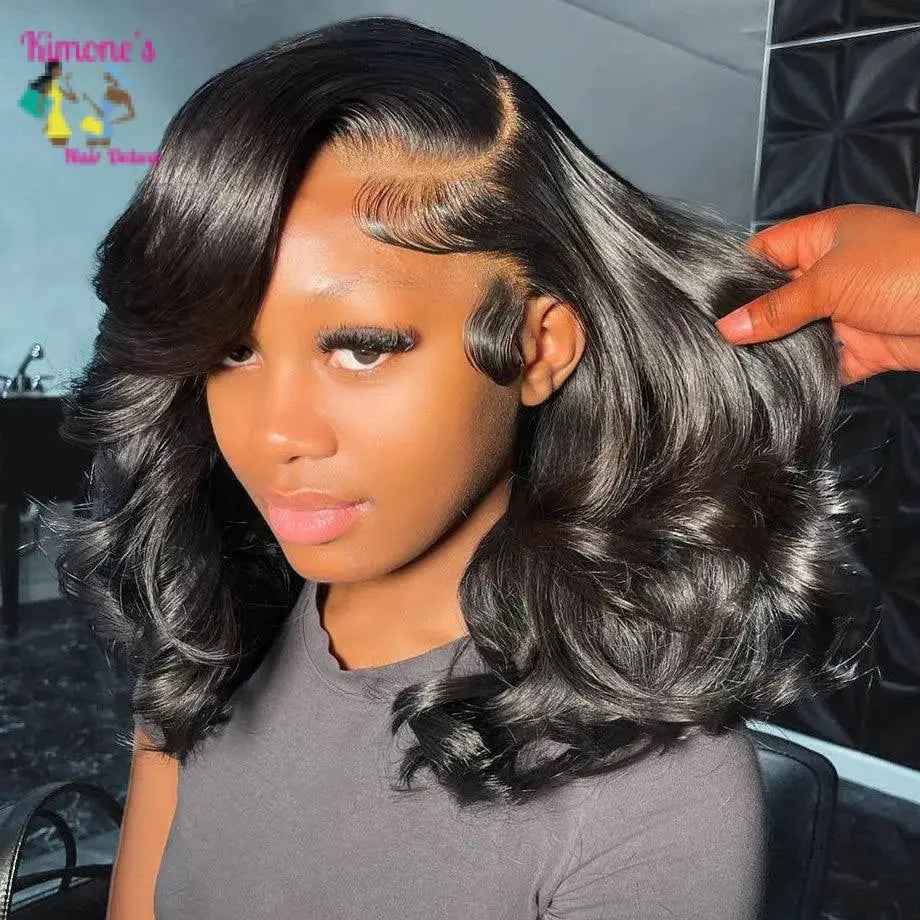 Woman with styled hair, likely a wig, in a salon setting.
