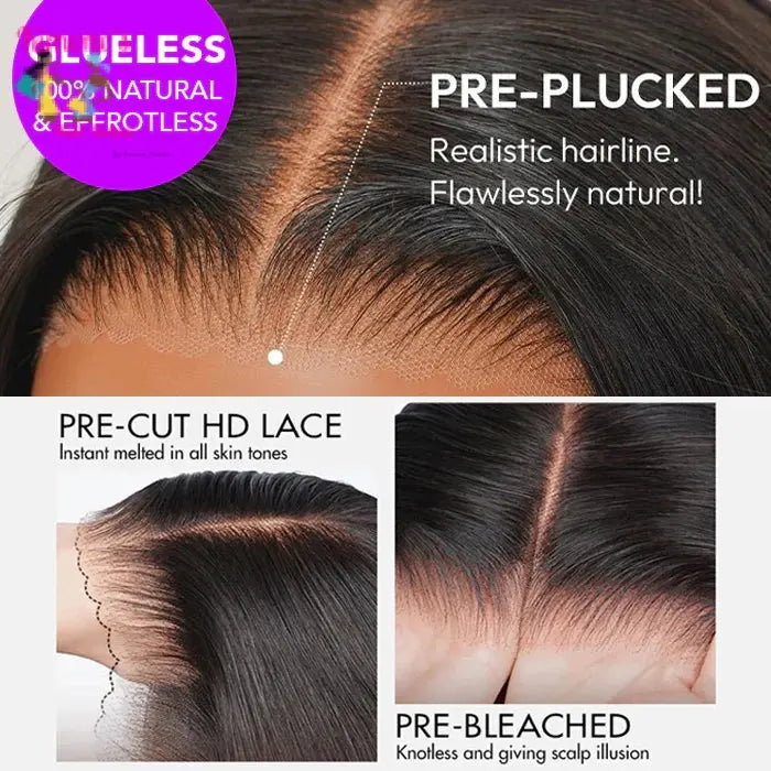 Advertisement for glueless hair extensions with pre-plucked, pre-cut HD lace, and pre-bleached features.