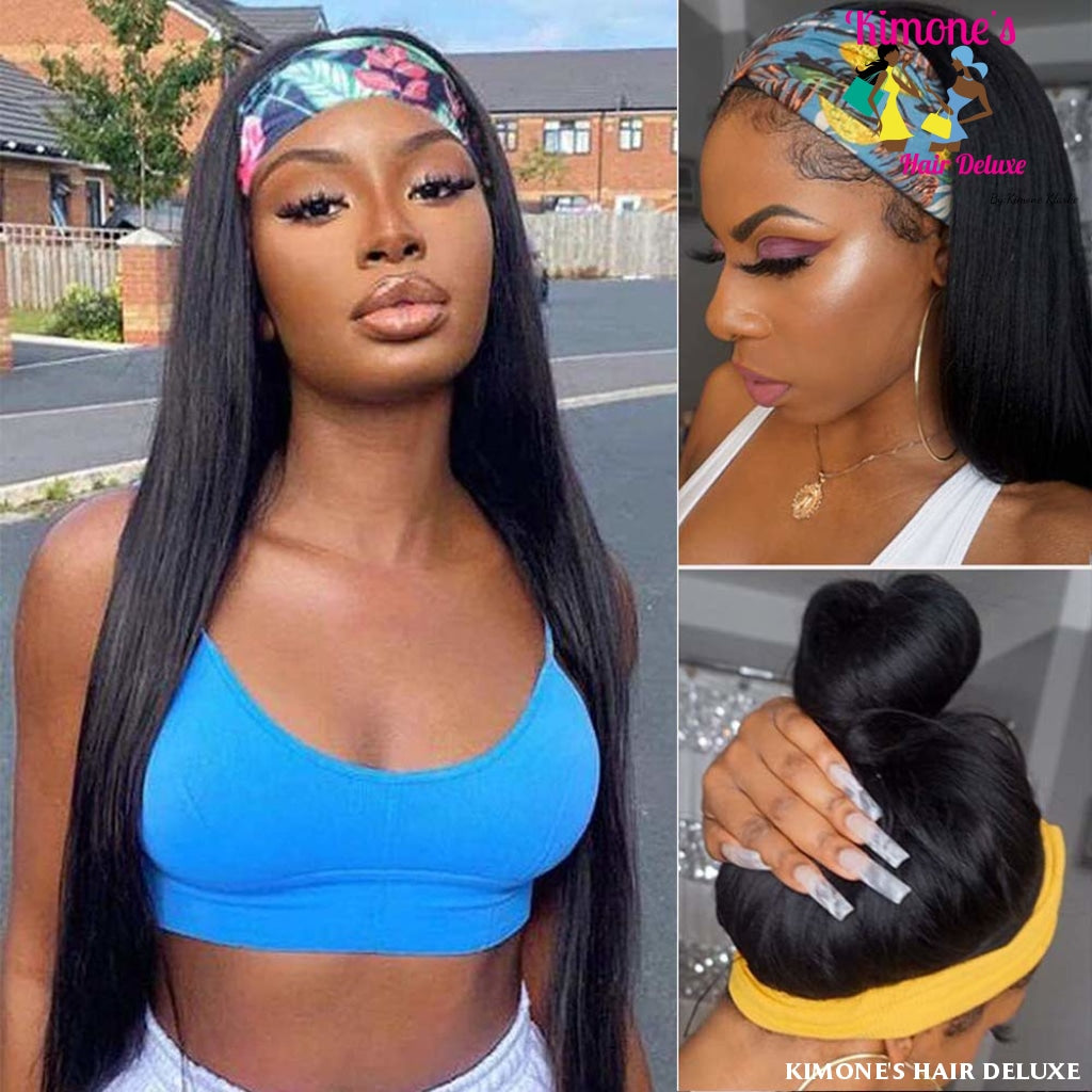 Straight Headband Wigs Human Hair Natural Black Glueless Non Lace Front Silky Brazilian Remy 150%