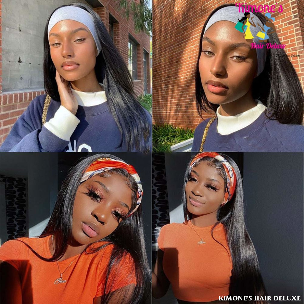 Straight Headband Wigs Human Hair Natural Black Glueless Non Lace Front Silky Brazilian Remy 150%