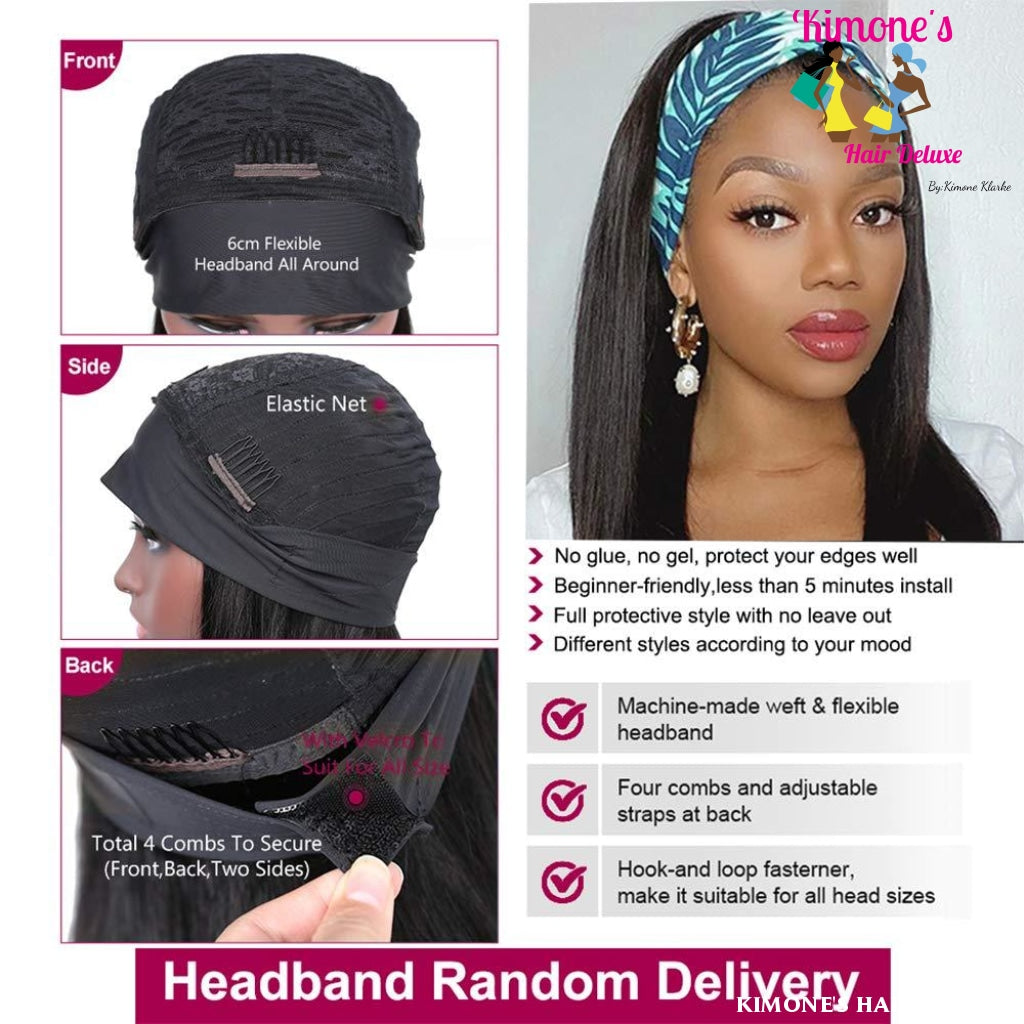 Straight Headband Wigs Human Hair Natural Black Glueless Non Lace Front Silky Brazilian Remy 150%
